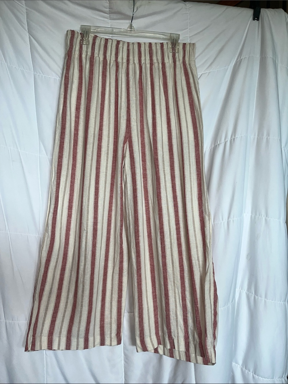 C&C California Linen L Cream Mauve Tan Striped Cropped Pants Elastic Waist - Picture 5 of 7
